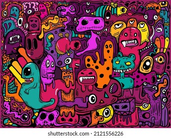 Hand Drawn Vivid Color Pattern Grafiti Draw Doodle Halloween Art Patterns For Textiles Children's Clothing, Background