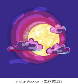 Hand drawn vivid vector moon. Romantic moon and dreamy clouds. Cartoon vector. Colorful clouds on night sky.
Bright clouds in the dark sky