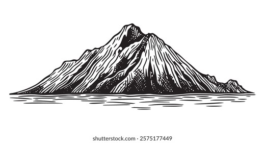 hand drawn volcanic mountain with black engraving style illustration