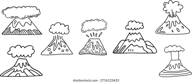 Coleção de doodles da erupção do vulcão desenhado à mão, conceito do desastre natural