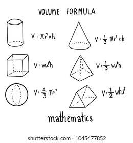 Hand drawn of Volume fomula set, vector illustration design and school math figures.