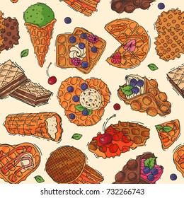Hand drawn waffle cakes cookies pastry biscuit delicious snack cream dessert crispy bakery food vector seamless pattern background
