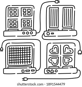 Hand drawn waffle maker. Outline doodle icons with different shapes of waffles isolated on white background.