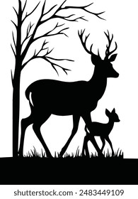 Hand drawn walking the deer with her baby in nature silhouette vector