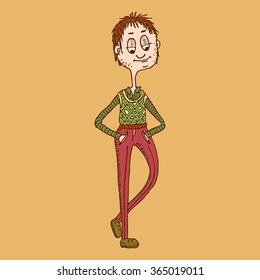 Hand drawn walking man, in trousers, shirt and waistcoat, with hands in pockets.