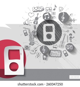 Hand drawn walkman icons with icons background. Vector illustration