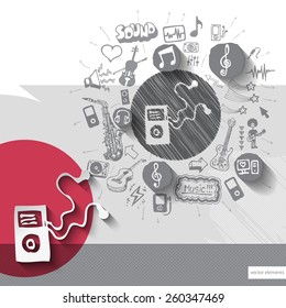 Hand drawn walkman icons with icons background. Vector illustration