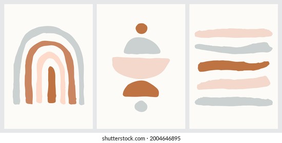 Hand Drawn Wall Decor with Abstract Shapes. Cute Set in Pastel and Earthy Colors. Vector Isolated Elements. Bohemian Style. Neutral Nursery Art Design for Room Decoration, Cards, Invitations, Posters.