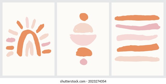 Hand Drawn Wall Decor with Abstract Shapes. Cute Set in Pastel and Earthy Colors. Vector Isolated Elements. Bohemian Style. Neutral Nursery Art Design for Room Decoration, Cards, Invitations, Posters.