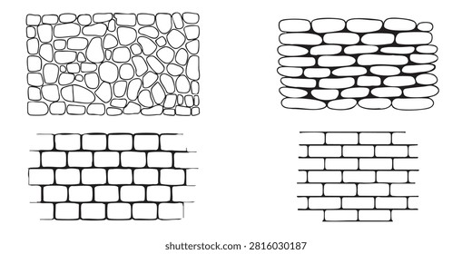 Hand Drawn Wall Texture Set - Sketchy Stone, Cobblestone, and Brick Patterns in Black and White Line Art on White Background