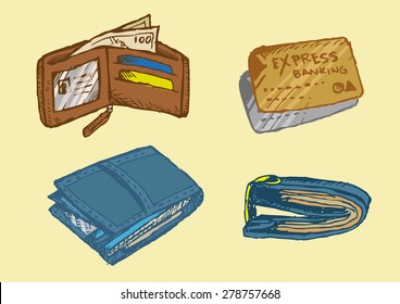 Hand drawn Wallet and ATM card. Editable EPS10 Illustration.