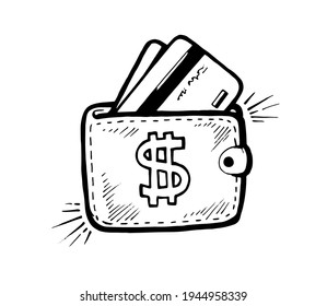 hand drawn Wallet credit card vector illustration, electronic money concept