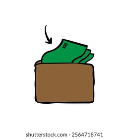 Hand drawn wallet filled with money illustration isolated. Suitable for presentation, web, graphic design needs 