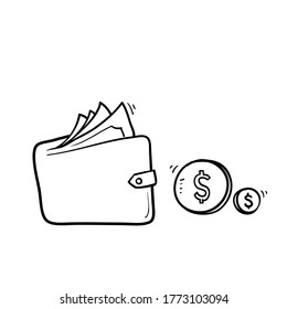 hand drawn Wallet full of money, revenue increase, high interest rate, income growth, budget profit, financial fund growth, raise capital, investment. doodle vector