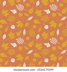 Hand drawn wallpaper art of autumn leaves. Seamless pattern and graphic background with fall elements. Yellow orange illustration.