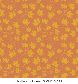 Hand drawn wallpaper art of maple leaves. Seamless autumn pattern and graphic background with fall elements. Yellow orange illustration.