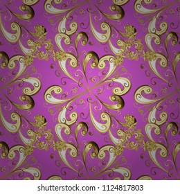 Hand drawn wallpaper seamless pattern. Scribble, sketch, doodle on violet, beige and yellow colors. Vector illustration. Vintage background. In simple style.