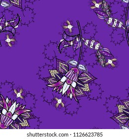 Hand drawn wallpaper seamless pattern. Vintage background. Scribble, sketch, doodle on purple, brown and beige colors. In simple style.