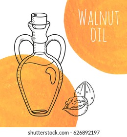 Hand drawn walnut oil bottle with orange watercolor spots. Isolated cute decanter with food oil and walnuts. Sketchy doodle illustration for aroma therapy, cosmetic, organic shop. Glass jug with cork.