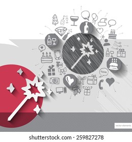 Hand drawn wand icons with icons background. Vector illustration