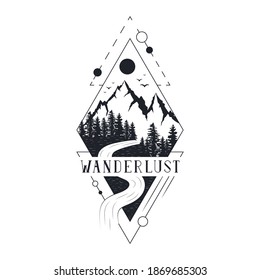 Hand drawn wanderlust badge with forest trees, mountain, moon and lake. Vector isolated adventure print. Geometric frame for travel label.