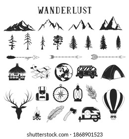 Hand drawn Wanderlust icons with pine trees, tents, globe, airplane, hot air balloon, compass, arrows and mountains. Vector isolated explore and travel elements.