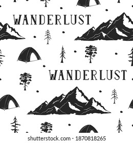 Hand drawn Wanderlust seamless pattern with pine trees, tents and mountains. Vector isolated explore and travel texture.
