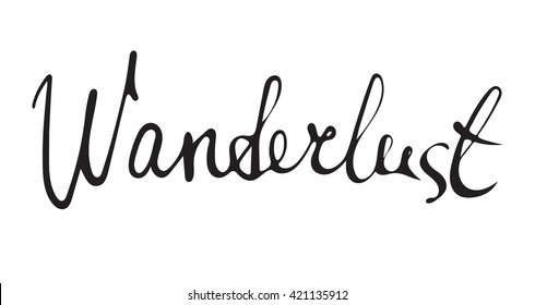 Hand drawn wanderlust word.Calligraphy.Ink and pen nib.Lettering Wanderlust.