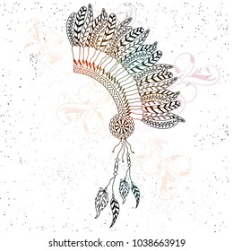 Hand drawn War Bonnet with ethnic feathers, Beautiful Headdress, Creative boho style vector illustration or element.