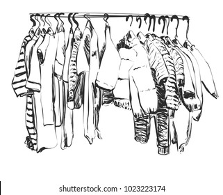Hand drawn wardrobe sketch. Baby clothes on hungers