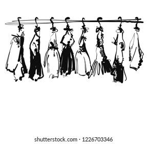 Hand drawn wardrobe sketch. Baby clothes on hungers. Dress