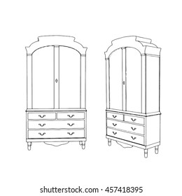 Hand drawn wardrobe sketch. Classic style furniture. Illustration isolated on white background.