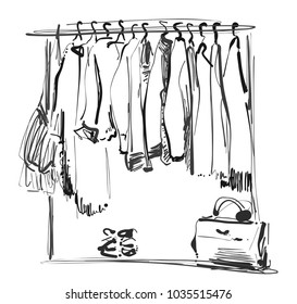 Hand drawn wardrobe sketch. Clothes of the hanger.