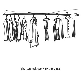 Hand drawn wardrobe sketch. Clothes on the hunger