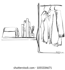Hand drawn wardrobe sketch. Clothes on the hunger