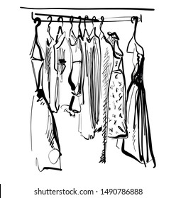 Hand drawn wardrobe sketch. Clothes on the hunger