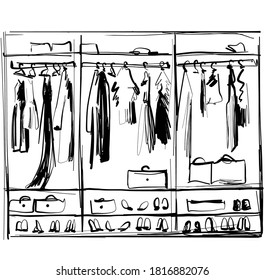 Hand drawn wardrobe sketch. Clothes on hanger