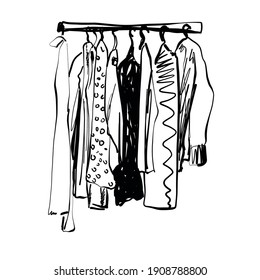 Hand drawn wardrobe sketch. Clothes on the hunger