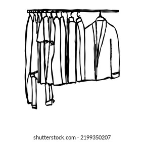 Hand drawn wardrobe sketch. Clothes on the hangers.