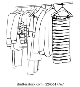 Hand drawn wardrobe sketch. Clothes on hangers.