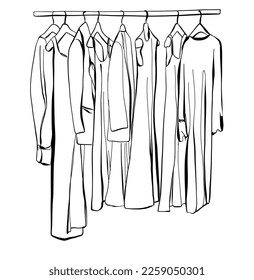 Hand drawn wardrobe sketch. Clothes on the hangers.