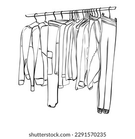 Hand drawn wardrobe sketch. Clothes on hangers.