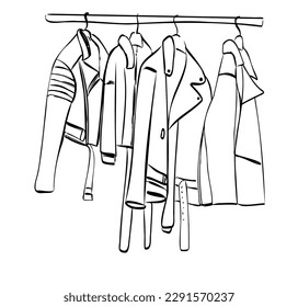 Hand drawn wardrobe sketch. Clothes on hangers.