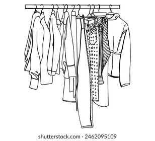 Hand drawn wardrobe sketch. Clothes on the hangers