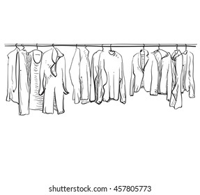 Hand drawn wardrobe sketch. Clothes on the hangers.