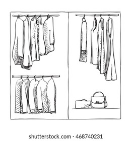 Hand drawn wardrobe sketch. Clothes of the hanger.