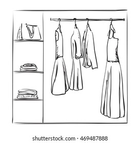 Hand drawn wardrobe sketch. Clothes of the hanger.