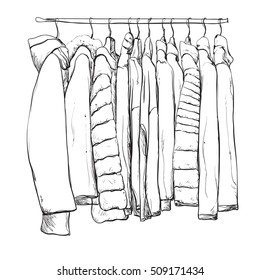 Hand drawn wardrobe sketch. Clothes on the hangers.