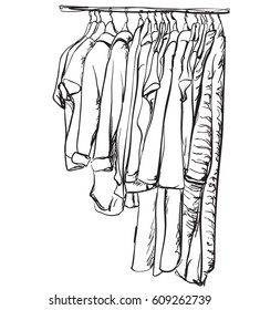Hand drawn wardrobe sketch. Clothes on the hanger