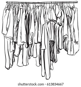 Hand drawn wardrobe sketch. Clothes on the hanger